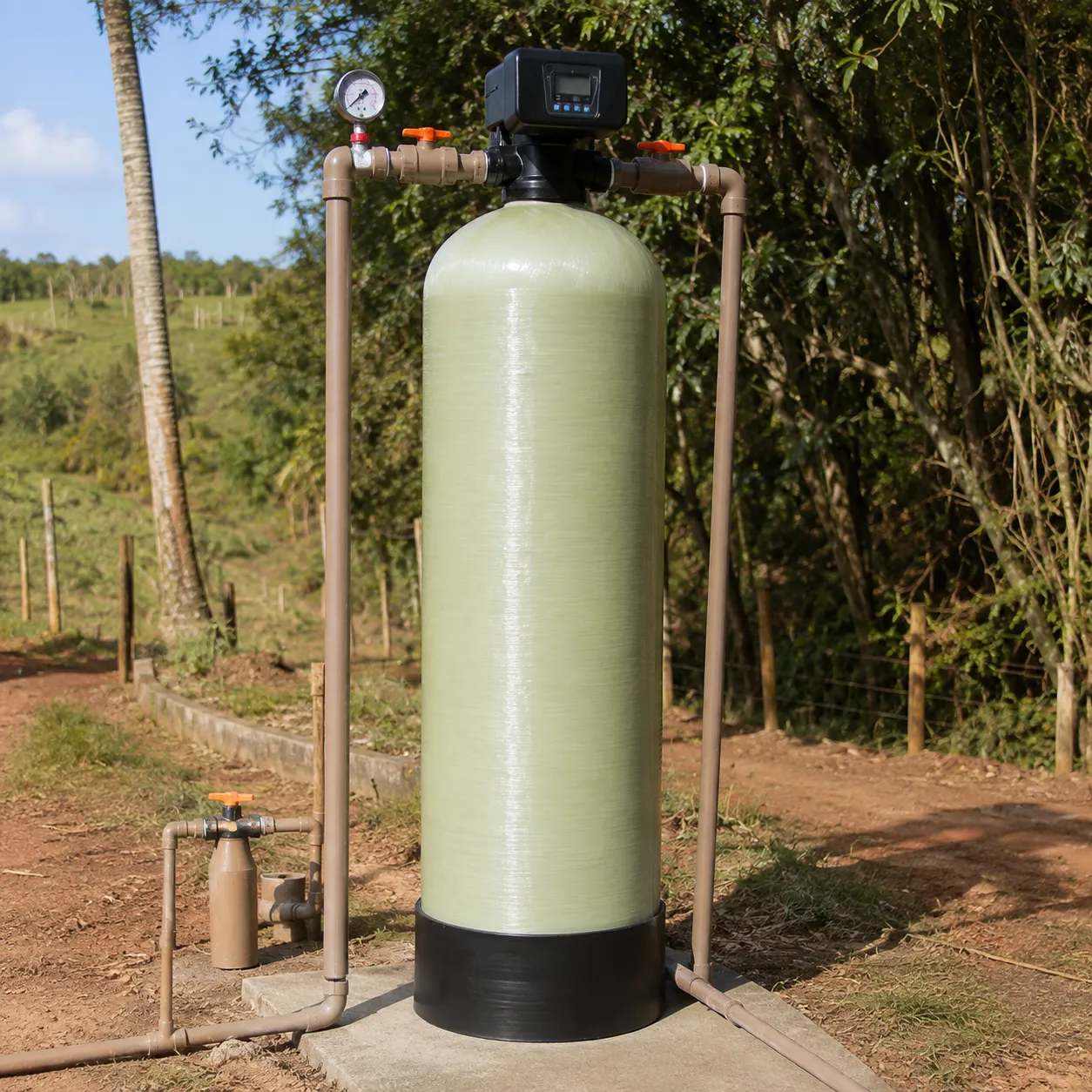 Filtro vertical de água para reuso instalado em área rural, com vaso esverdeado, válvula automática, manômetro e tubulações.