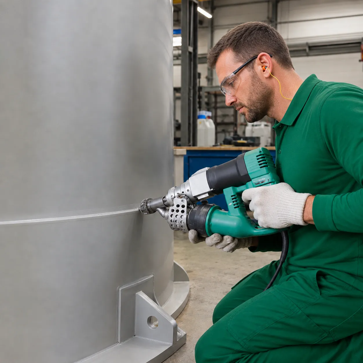 Técnico com equipamentos de proteção realiza reparo em um tanque industrial de polipropileno usando ferramenta de soldagem plástica.