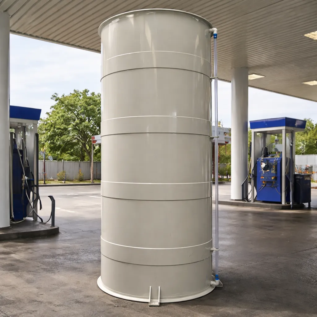 Tanque cilíndrico vertical para agitação e armazenamento de ARLA, com reforços horizontais e indicador de nível lateral.