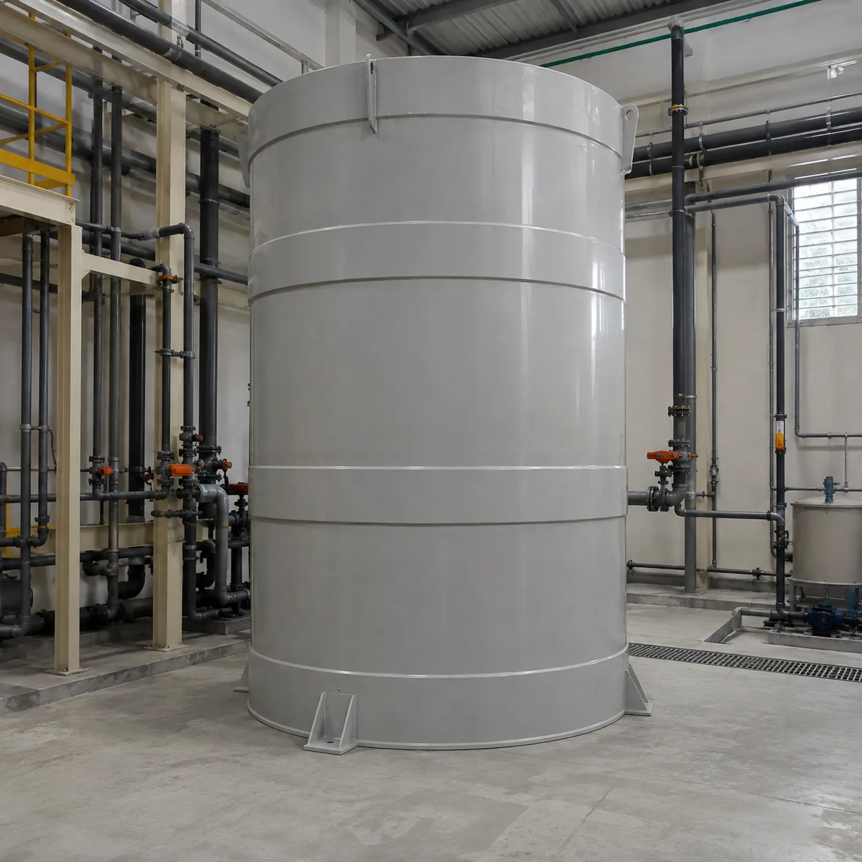 Tanque cilíndrico vertical para armazenamento de água desmineralizada, aberto e com reforços horizontais.