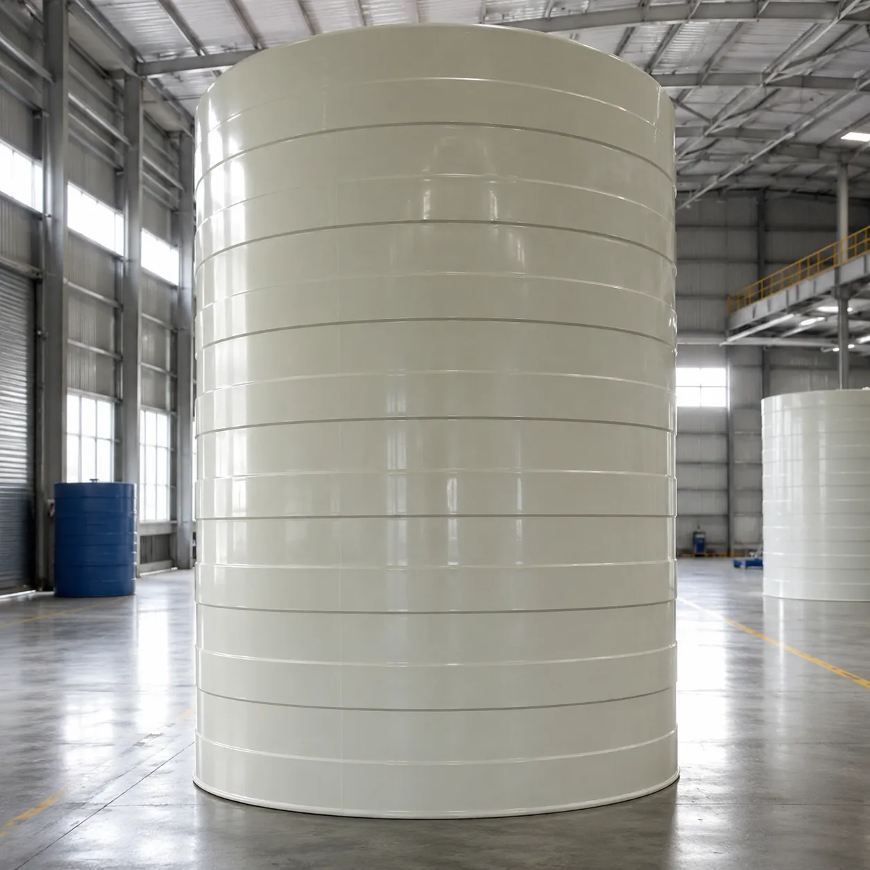 Grande tanque cilíndrico vertical para bicarbonato de sódio em solução, com acabamento claro e reforços horizontais, instalado em galpão industrial.