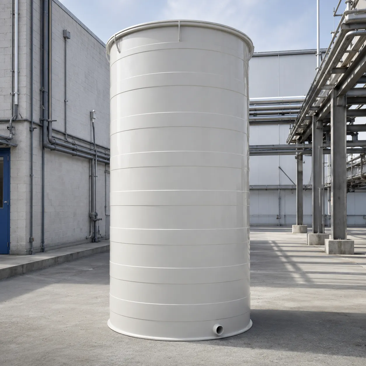Tanque cilíndrico vertical branco para cloreto férrico, instalado em área externa industrial, com conexão próxima à base e tubulações ao redor.