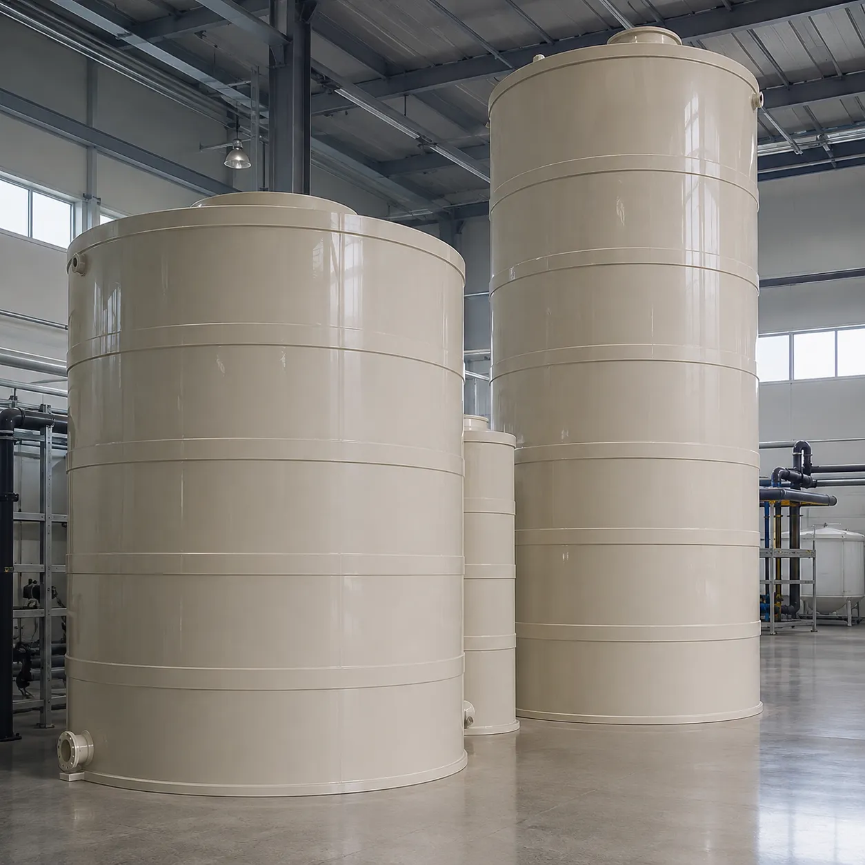 Conjunto de tanques cilíndricos verticais para leite de cal, de diferentes dimensões, instalados em ambiente industrial com tubulações e estruturas metálicas.