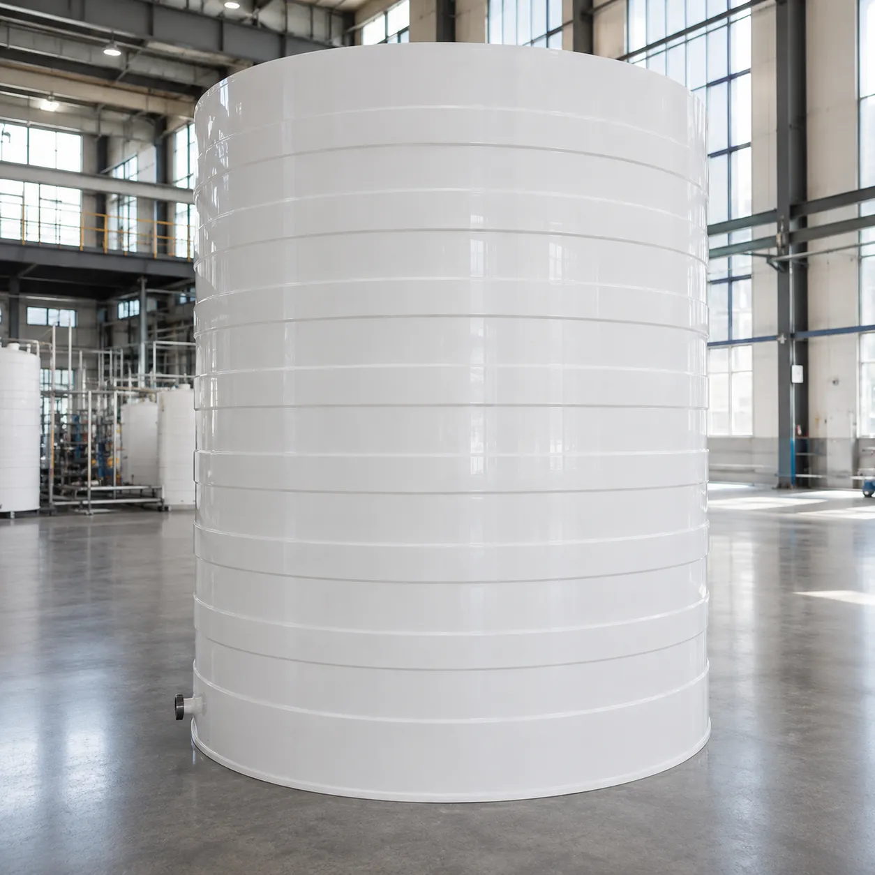 Grande tanque cilíndrico vertical branco para solução de amônia, com reforços horizontais e conexão lateral próxima à base, instalado em galpão industrial.