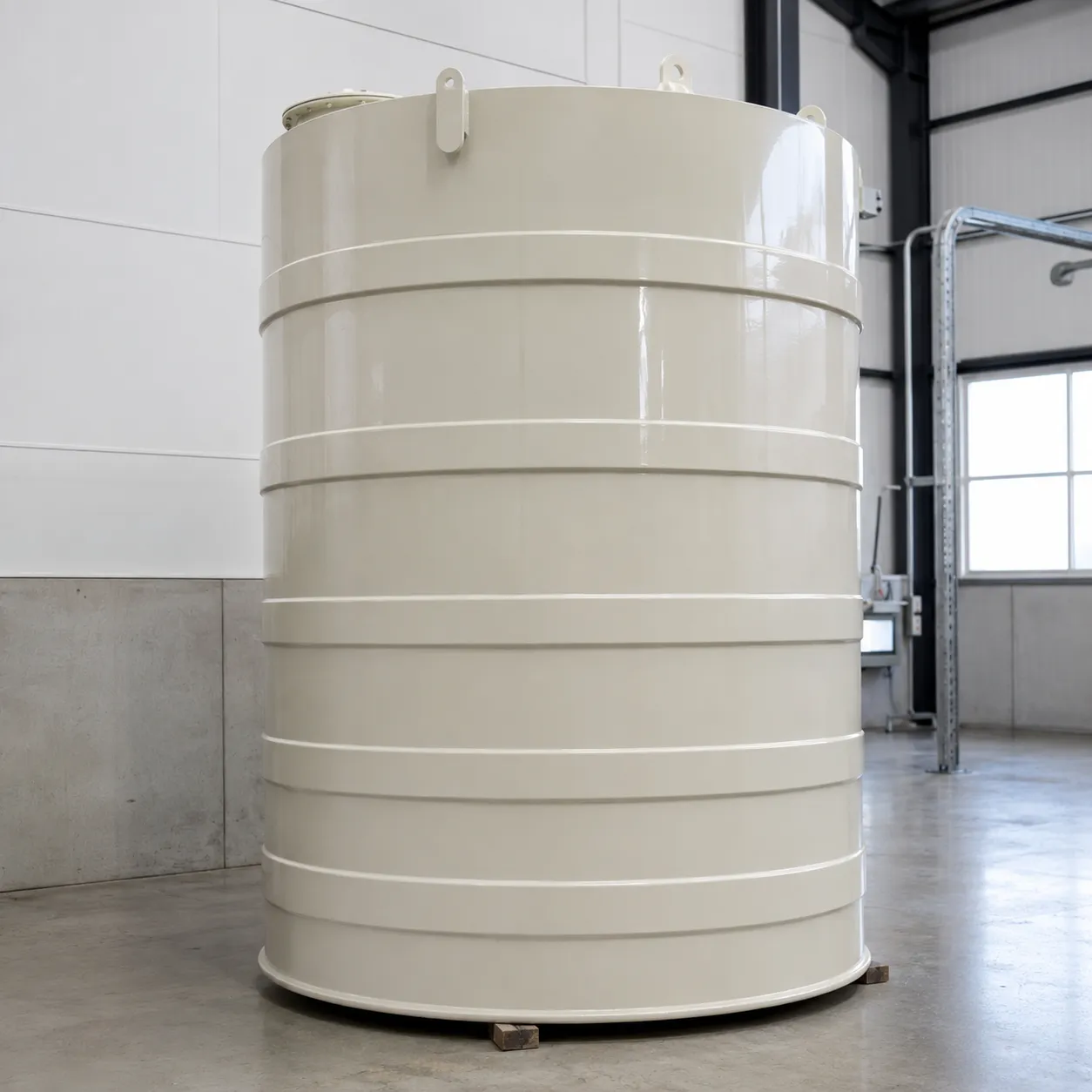 Tanque cilíndrico vertical para solução de dióxido de cloro, de acabamento claro, com reforços horizontais e pontos de içamento na parte superior.