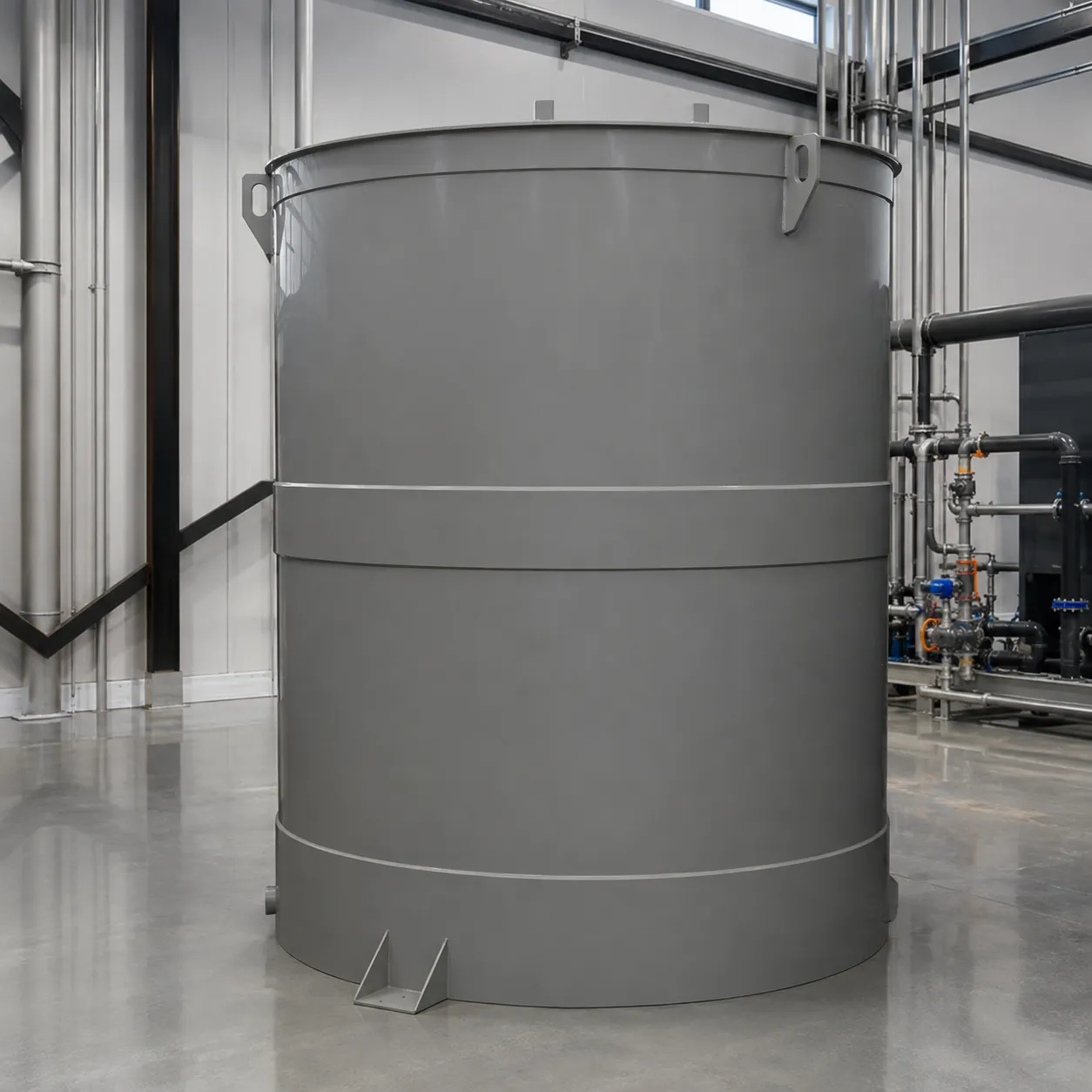Tanque cilíndrico vertical cinza para armazenamento de sulfato de alumínio, instalado em ambiente industrial com tubulações ao redor.