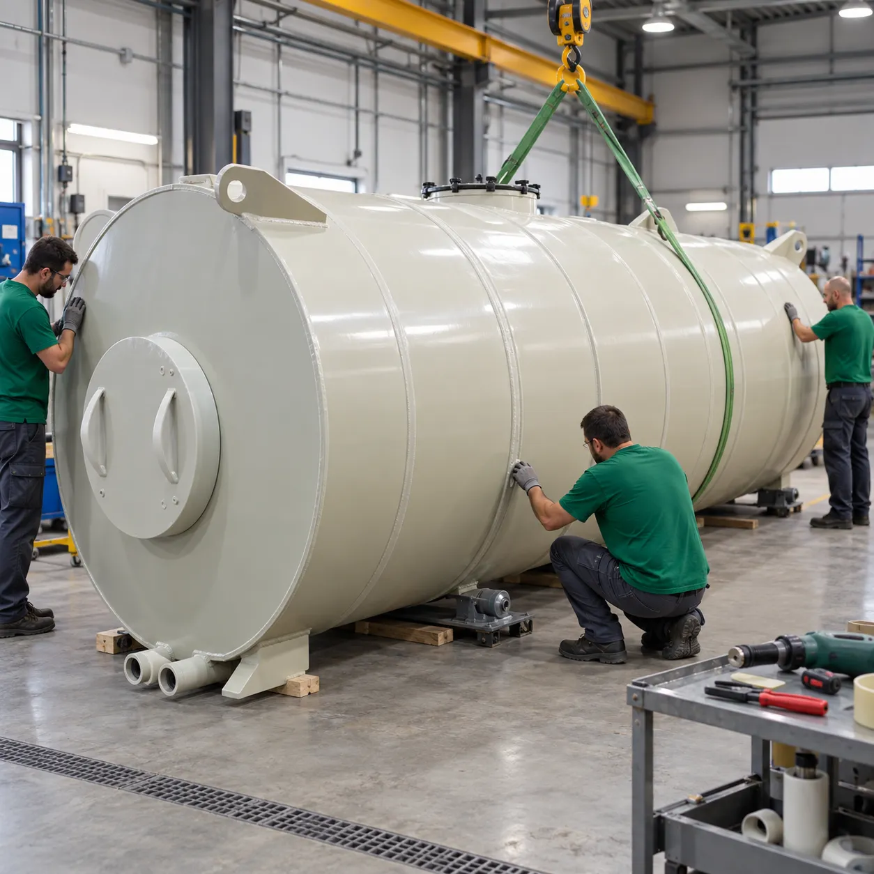 Três profissionais trabalham ao redor de um grande tanque cilíndrico suspenso por cintas de içamento dentro de uma fábrica.